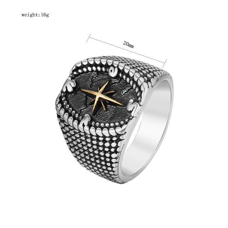 Men's Titanium Steel Ring with Dot Cross Compass Design Retro Band Ring for Men or Women Fashion Jewelry Gift Black Steel Golden Available