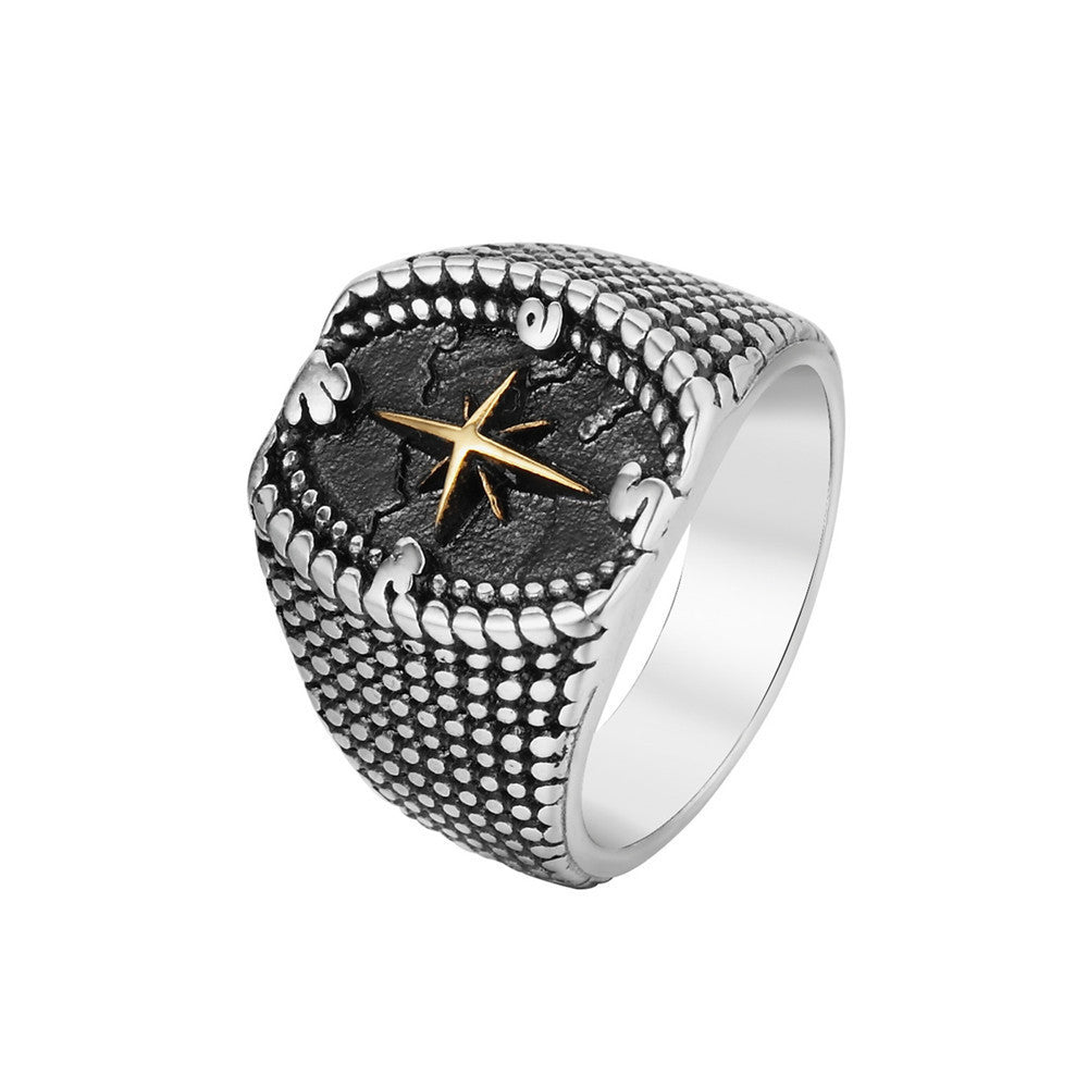 Men's Titanium Steel Ring with Dot Cross Compass Design Retro Band Ring for Men or Women Fashion Jewelry Gift Black Steel Golden Available