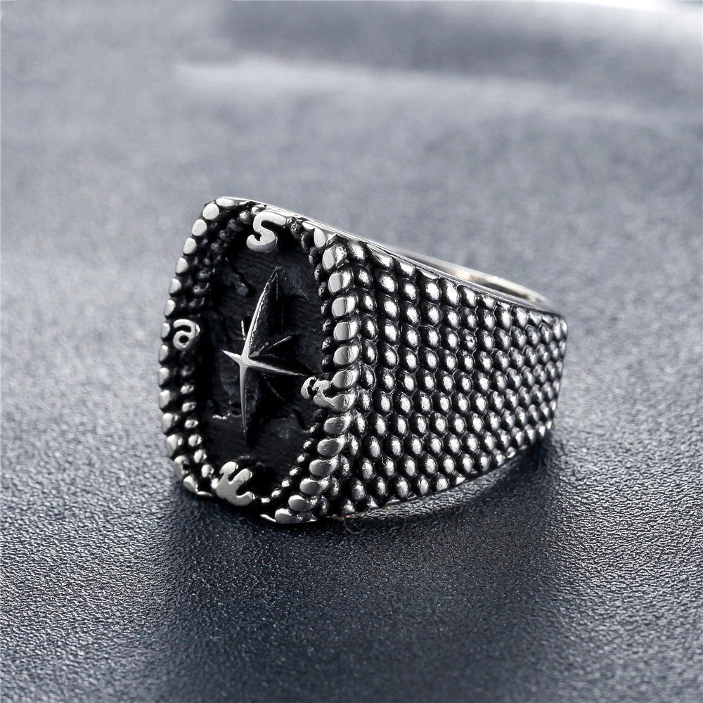Men's Titanium Steel Ring with Dot Cross Compass Design Retro Band Ring for Men or Women Fashion Jewelry Gift Black Steel Golden Available
