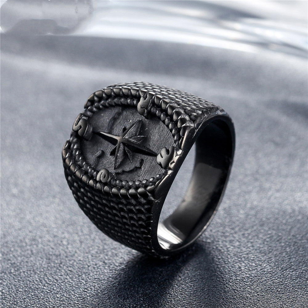 Men's Titanium Steel Ring with Dot Cross Compass Design Retro Band Ring for Men or Women Fashion Jewelry Gift Black Steel Golden Available