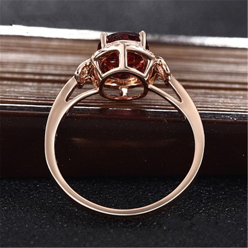 Red Crystal Flower Ring 18K Rose Gold Plated Womens Elegant Dainty Engagement Anniversary Jewelry Gift For Her
