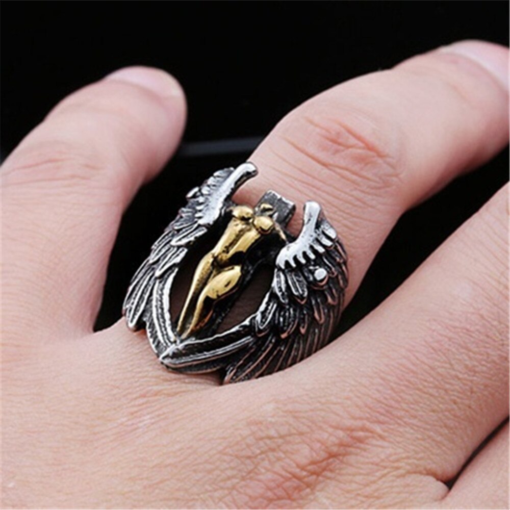 Mens Titanium Steel Ring Winged Angel Cross Polished Finish European American Design Bold Jewelry Gift for Him