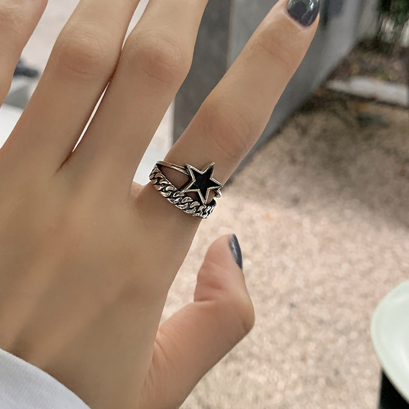 Vintage Silver Plated Five Pointed Star Ring Adjustable Opening Retro Old Processing Technique Star Chain Ring