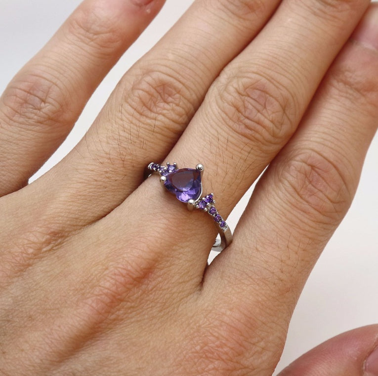 Womens Natural Amethyst Zircon Heart Shaped Silver Tone Ring Jewelry For Her Fashion Wedding Gift High Quality