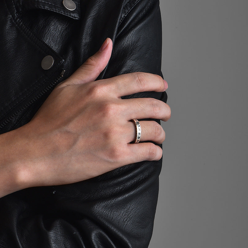 Unisex Copper Ring With Five Pointed Star Diamond Shape Retro Totem Design Vintage Finish Adjustable Fit Style