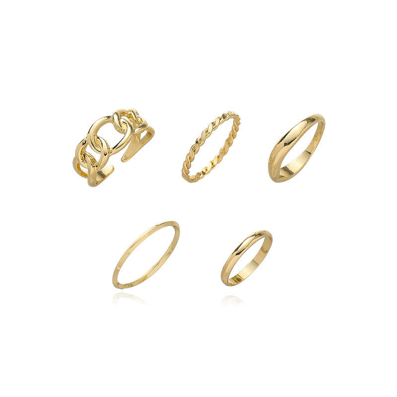 Womens Five Piece Ring Set Hollow Chain Geometric Copper Rings Korean Fashion Jewelry Stackable Statement Ring