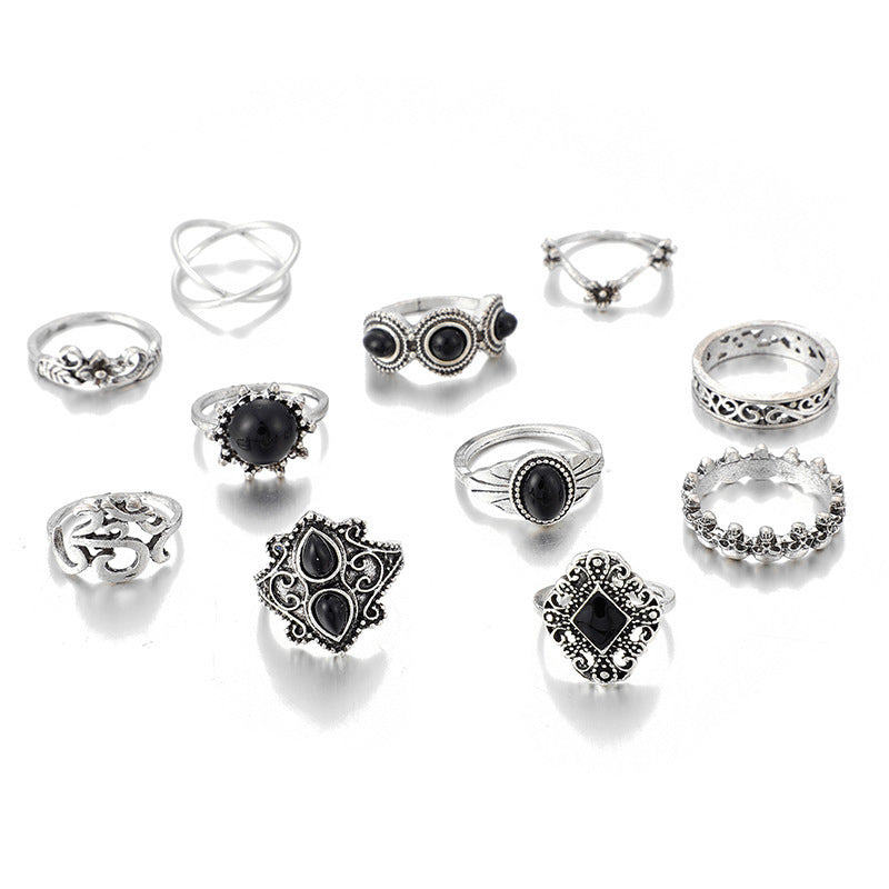 Womens Retro Flower Ring Set 11 Pcs Alloy Electroplated Knuckle Rings Vintage British Fashion Jewelry Set Line