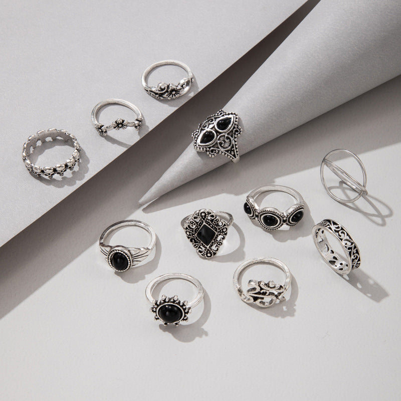 Womens Retro Flower Ring Set 11 Pcs Alloy Electroplated Knuckle Rings Vintage British Fashion Jewelry Set Line
