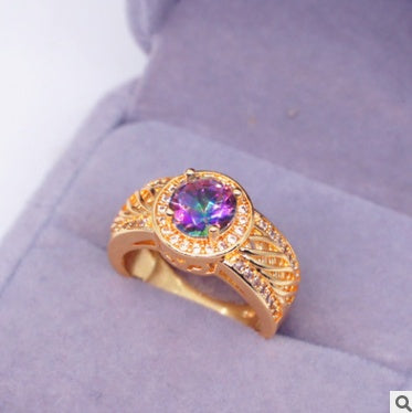 Inlaid Topaz Ring With Micro Inlays 18K Yellow Gold Plated Colorful Stone Copper Jewelry Everyday Jewelry Line