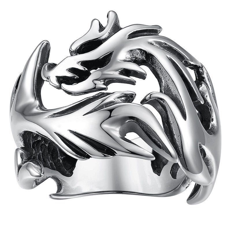Mens Vintage Dragon Ring Silver Plated Zodiac Jewelry Retro Style Gift for Anniversary Ideal Keepsake Accessory