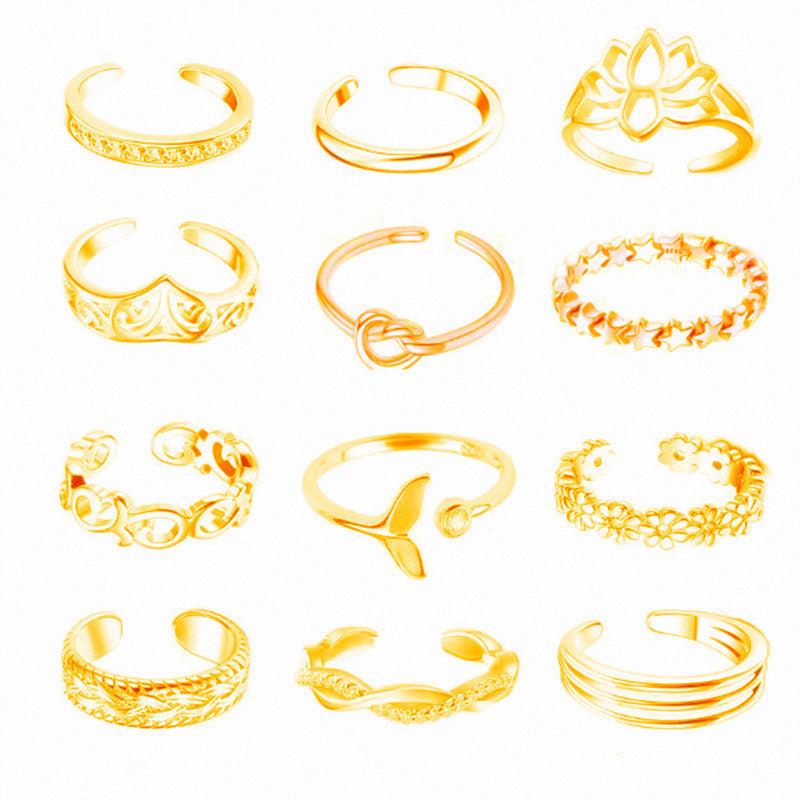 Womens Toe Ring Set Twelve Pieces Alloy Lotus Rhinestone