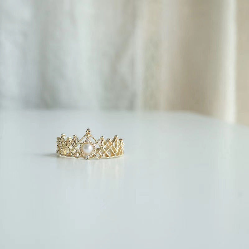 Womens Adjustable Open Crown Ring With Shell Pearls Gold Plated Inlay Jewelry Gift For Women Girls Beautiful Keepsake