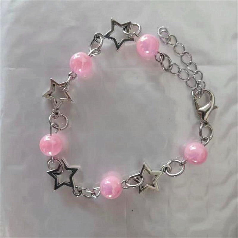 Womens Five Pointed Star Pearl Bracelet With Alloy Pendant And Acrylic Pearl Chain Natural Flower Design Style