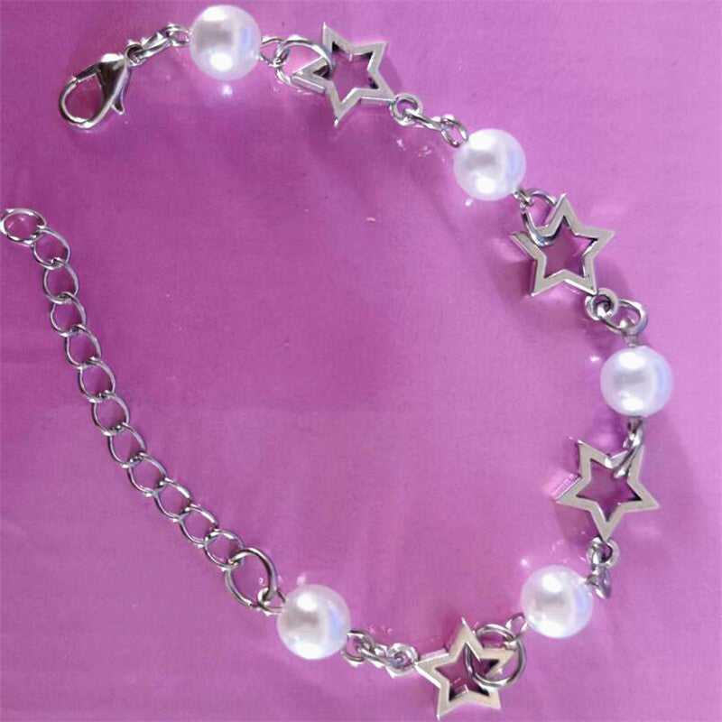 Womens Five Pointed Star Pearl Bracelet With Alloy Pendant And Acrylic Pearl Chain Natural Flower Design Style
