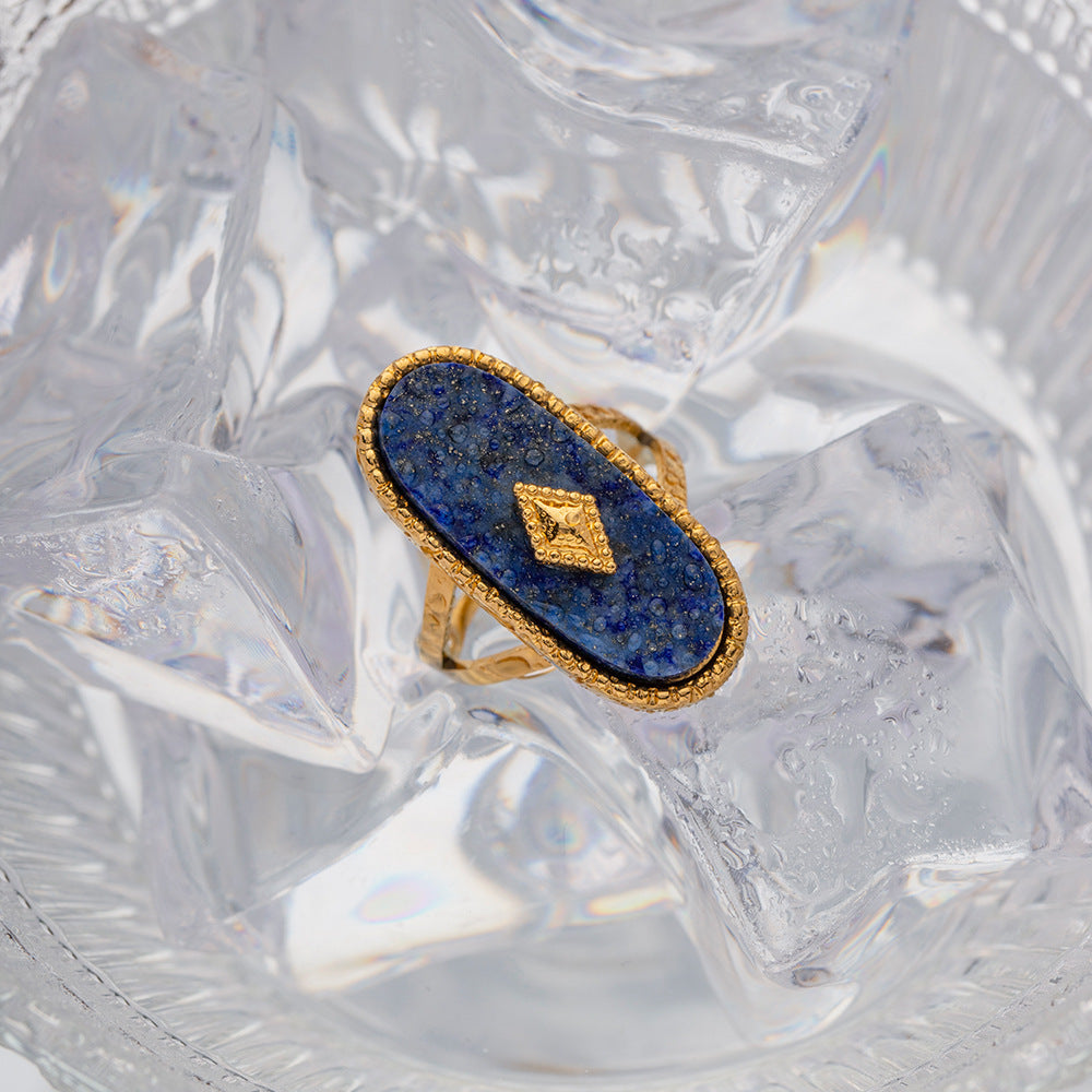 Womens Inlaid Lapis Ring Vintage Inspired Court Ring High Grade Titanium Steel Ring Electroplated Open Ring Geometric Statement Ring Ins Style Jewelry