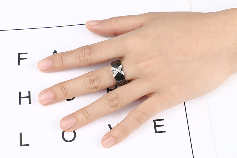 Ceramic Couple Ring Black White Geometric Unisex Band Durable Wedding Anniversary Gift For Partners Daily Wear