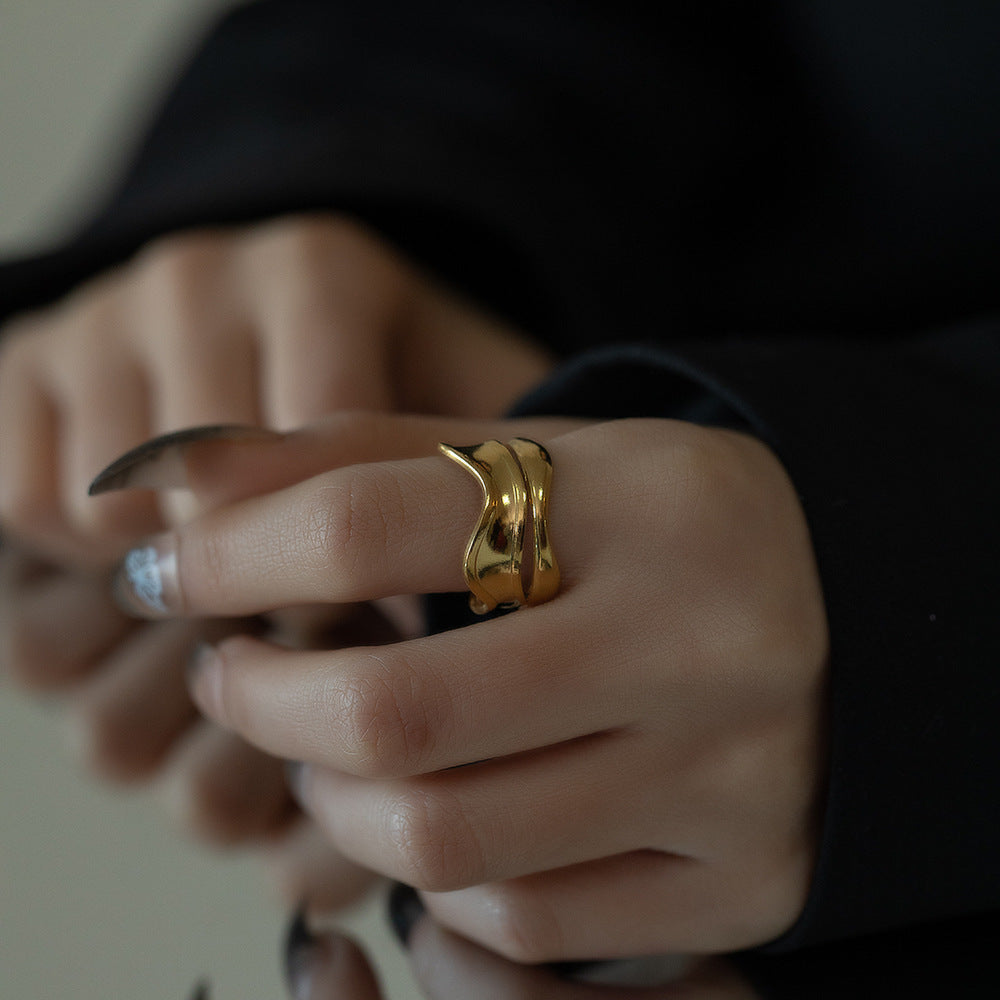 Unisex Titanium Steel Gold Plated Double Layer Cross Ring Geometric Statement Jewelry Men Women Fashion Accessory