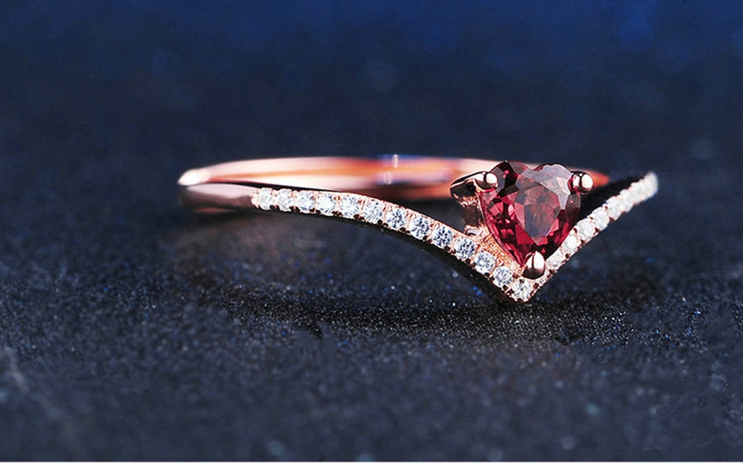 Heart Cut Red Garnet Ring With Copper Band Platinum Inlay
