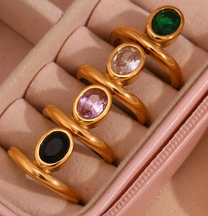 Womens Ring Stainless Steel 18K Gold Electroplated Geometric Ring For Women Oval Zircon Crown Ring Fashion Ring Personality Niche Ring