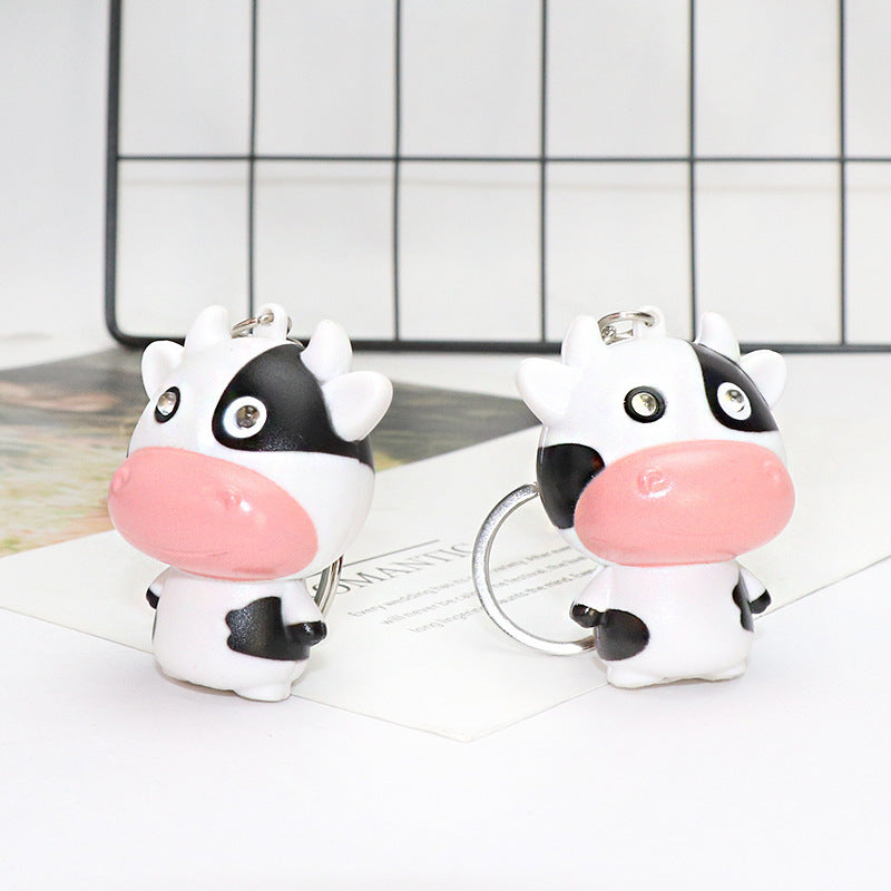 Cow Keychain With Bell Super Mini Ring Fun Glowing Pendant Plastic Accessory For Keys And Bags Black And White