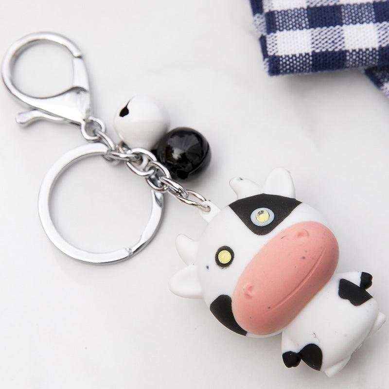 Cow Keychain With Bell Super Mini Ring Fun Glowing Pendant Plastic Accessory For Keys And Bags Black And White