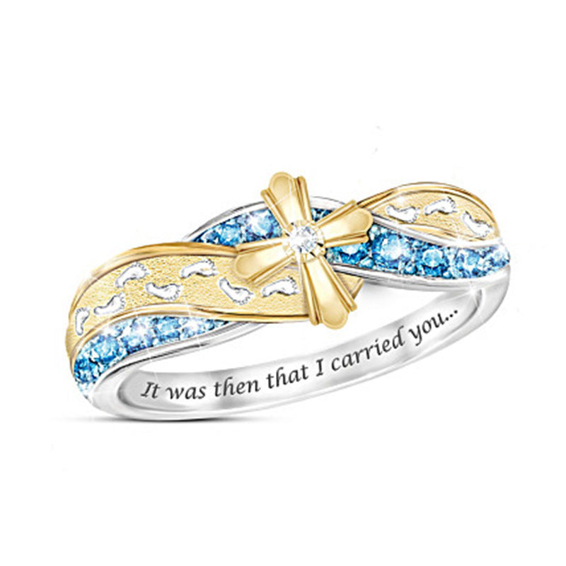 Womens Two Tone Ring With CrossFootprint Design And Geometric Ornament Electroplated Metal Color Matching Ring