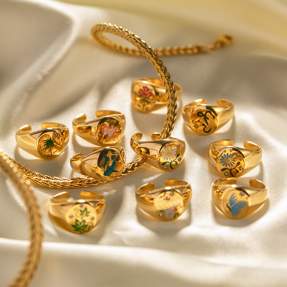 Stainless Steel Enamel Ring For Women Geometric Design Charm Ring Gift For Her Elegant Accessory Jewelry Gifts