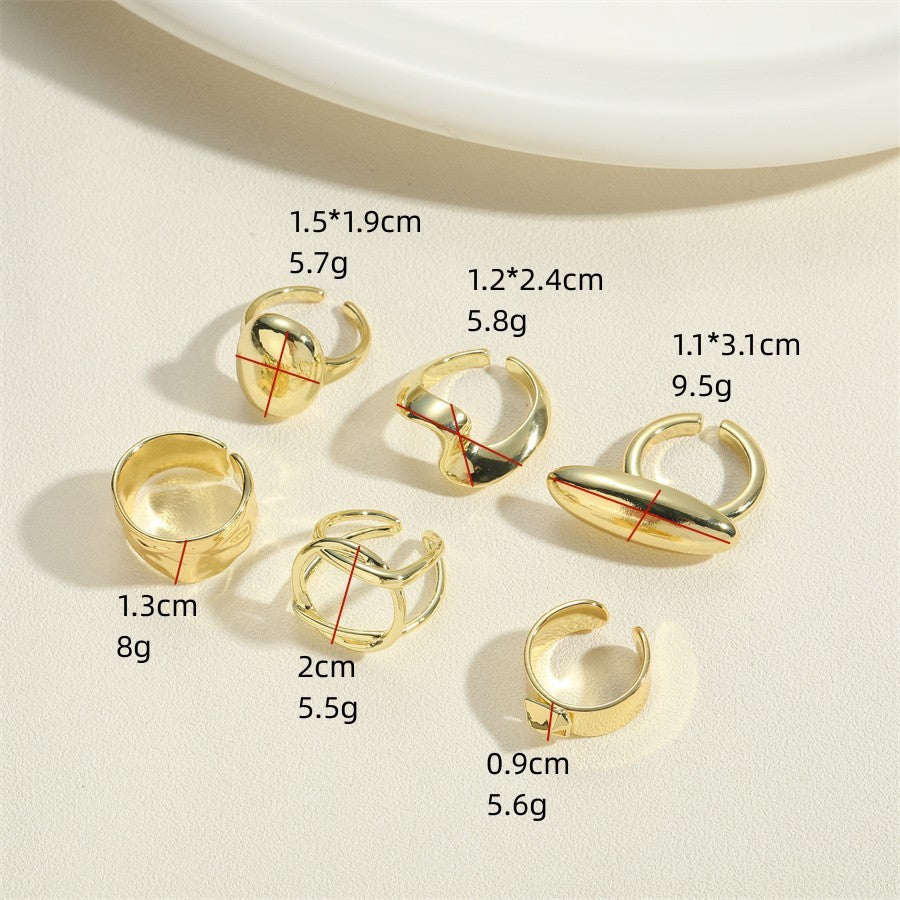Women Open Adjustable Copper Ring Oval Geometric Metal Texture Polished Trendy Daily Wear Fashion Jewelry Gift