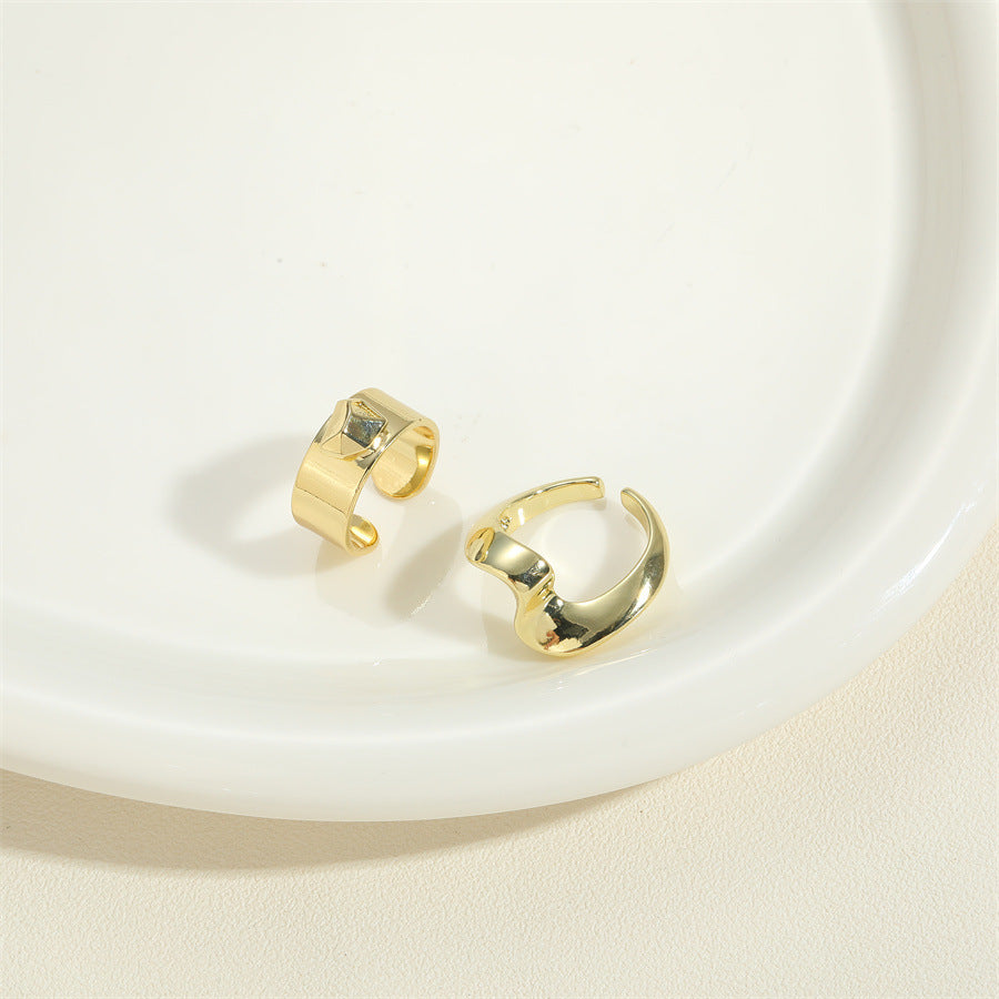 Women Open Adjustable Copper Ring Oval Geometric Metal Texture Polished Trendy Daily Wear Fashion Jewelry Gift