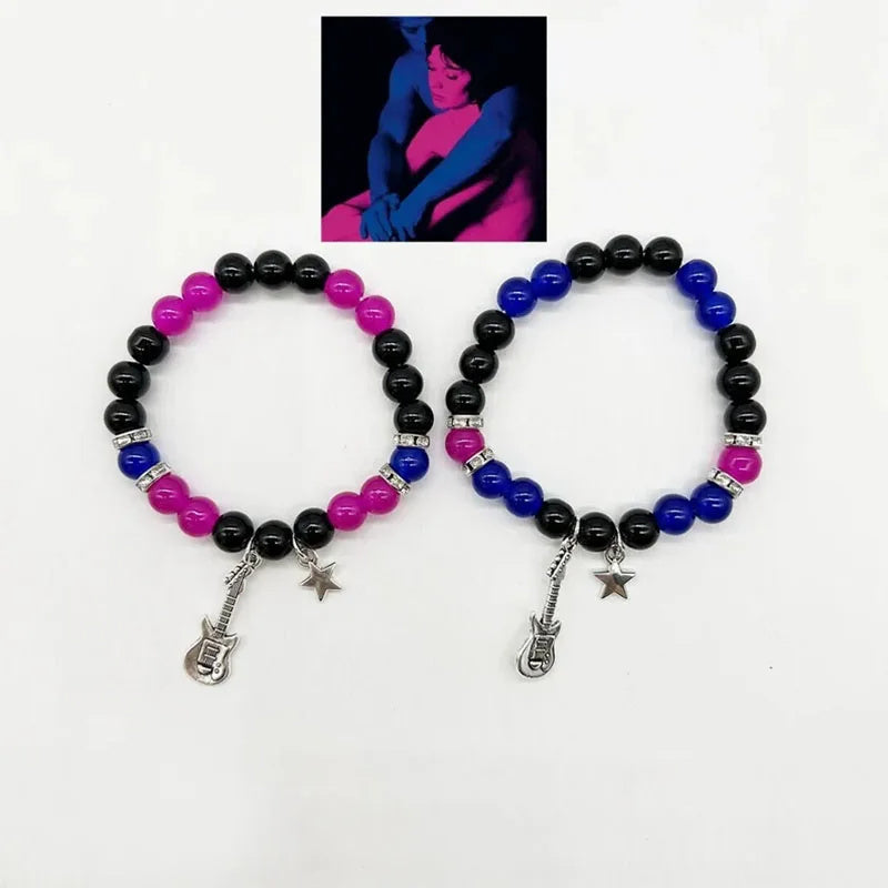 Couples Magnetic Heart Beaded Glass Bracelets Elastic Love Jewelry Rose Red And Dark Blue Horizontal Bar Gifts