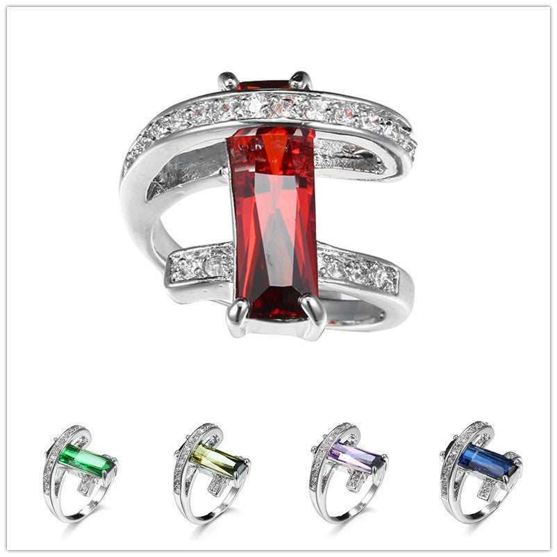 Geometric Zircon Ring for Women Copper Purple Pomegranate Red Olive Green Sapphire Blue Emerald Sizes 6 7 8 9 10