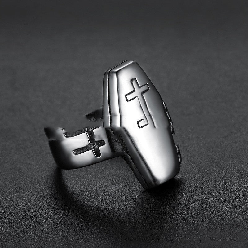 Mens Retro Zombie Coffin Ring Gothic Cross Stainless Steel