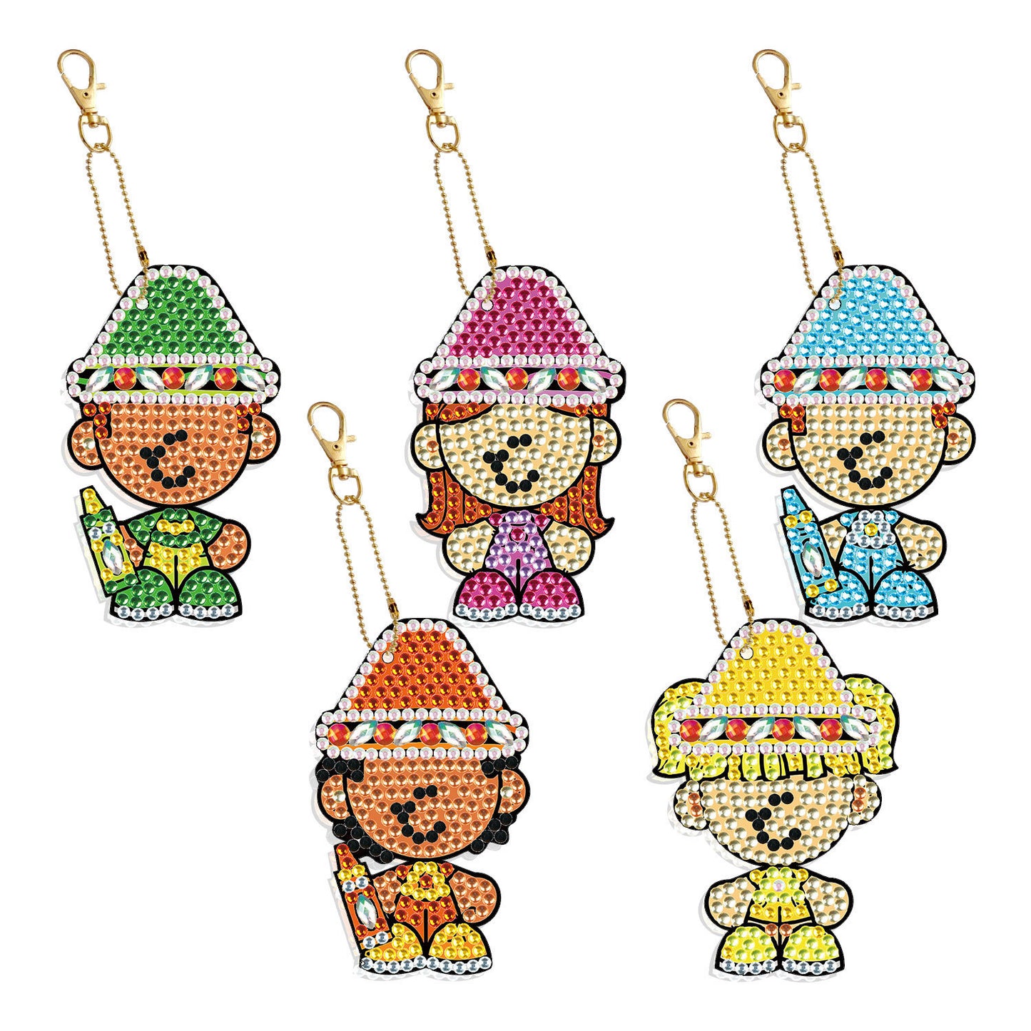 Diamond Painting Keychains Double Sided Cartoons Set Of Five DIY Art Craft Key Rings PP Made Of Sturdy Plastic