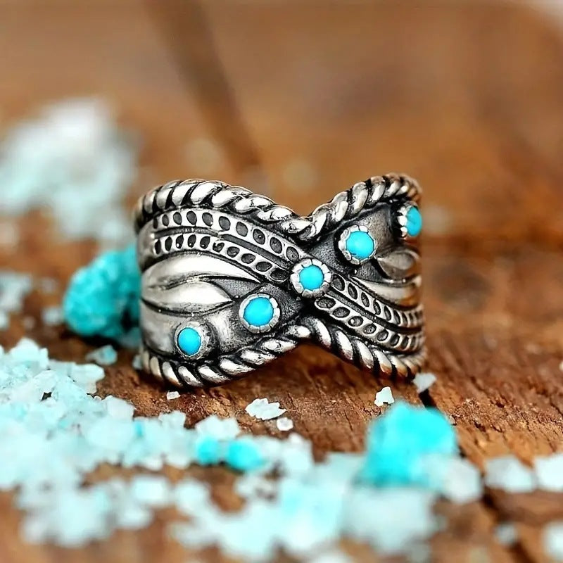 Unisex Turquoise Inlay Ring Alloy Band For Daily Wear
