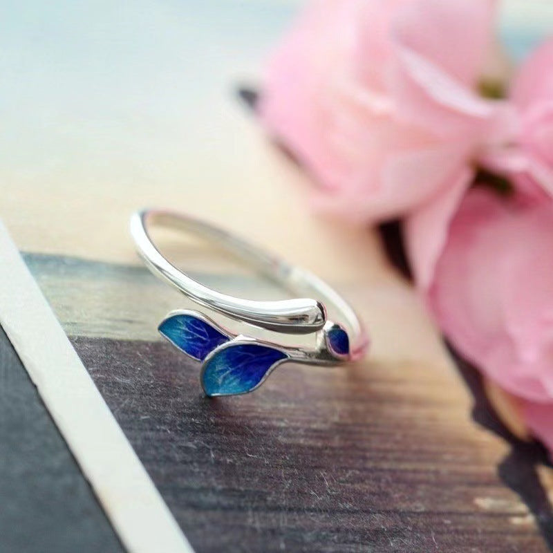 Unisex Adjustable Ring Electroplated Metal Enamel Branch Ring With Flower Design Live Mouth Ring Blue Greenish