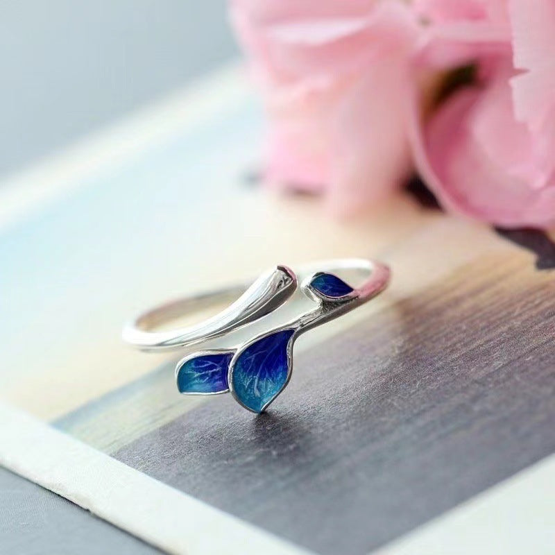 Unisex Adjustable Ring Electroplated Metal Enamel Branch Ring With Flower Design Live Mouth Ring Blue Greenish