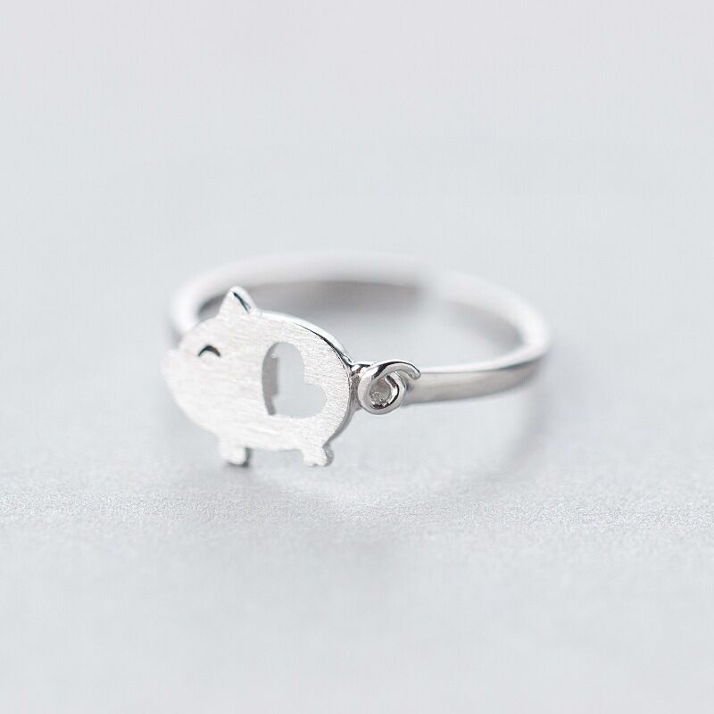 Womens Pig Ring Cute Animal Jewelry Hand Drawn Silver Electroplated Copper Rings Adjustable Zodiac Gift For Her