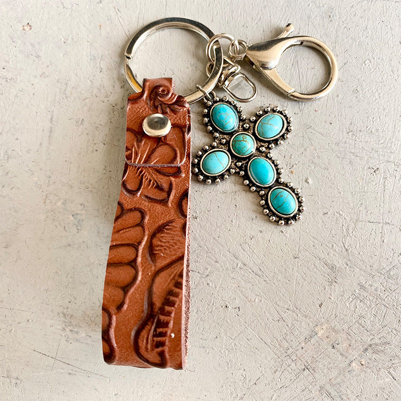 Western Cowhide Leather Keychain Turquoise Pumpkin Flower Pendant Embossed Texture Retro Keyring Cowgirl Purses