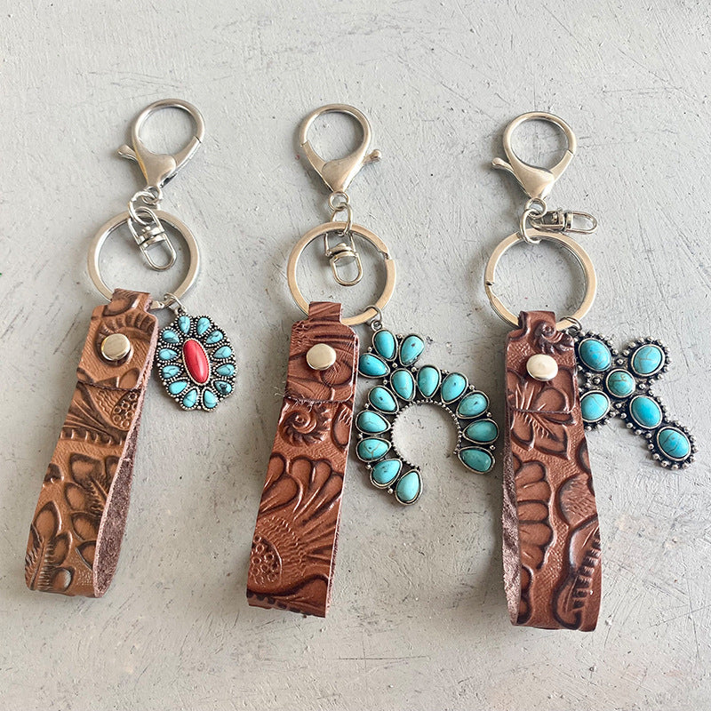 Western Cowhide Leather Keychain Turquoise Pumpkin Flower Pendant Embossed Texture Retro Keyring Cowgirl Purses