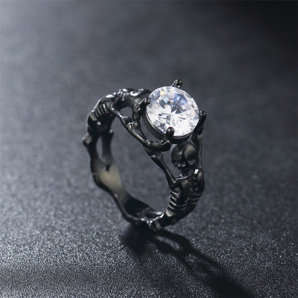 Men's Titanium Steel Ring with Skull Gem Retro Design European American Style Statement Ring for Him Fashion Jewelry