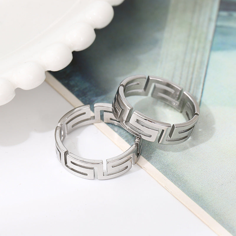 Unisex Stainless Steel Polished Silver Ring With Great Wall Pattern Auspicious Design For Men And Women Jewelry