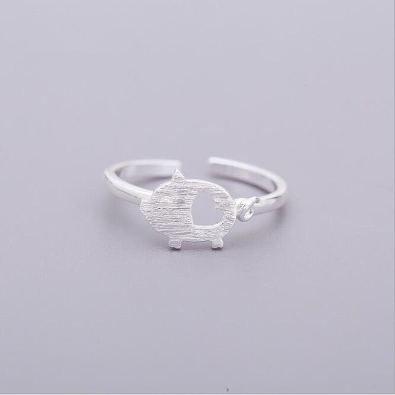 Womens Pig Ring Cute Animal Jewelry Hand Drawn Silver Electroplated Copper Rings Adjustable Zodiac Gift For Her