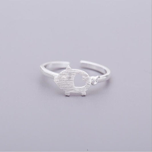 Womens Pig Ring Cute Animal Jewelry Hand Drawn Silver Electroplated Copper Rings Adjustable Zodiac Gift For Her