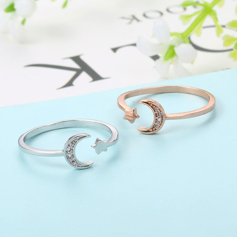 Womens Open Ring With Star And Moon Design Copper Ring Cubic Zirconia Crystal Fashion Jewelry Unique Ring Stylish