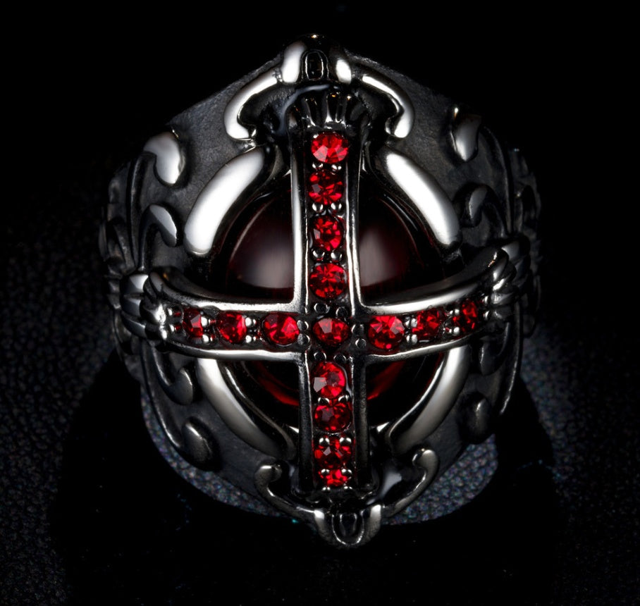 Vintage Stainless Steel Cross Ring With Red Diamond Geometrical Design Mens Ring Wide Band Jewelry Gold Accent