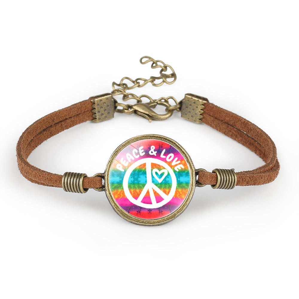 Unisex Leather Bracelet Peace Sign Retro Geometry Pattern With Crystal Inlay And Distressed Finish Packed Gift