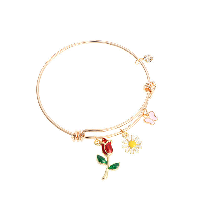 Womens Golden Floral Butterfly Pendant Bracelet Jewelry