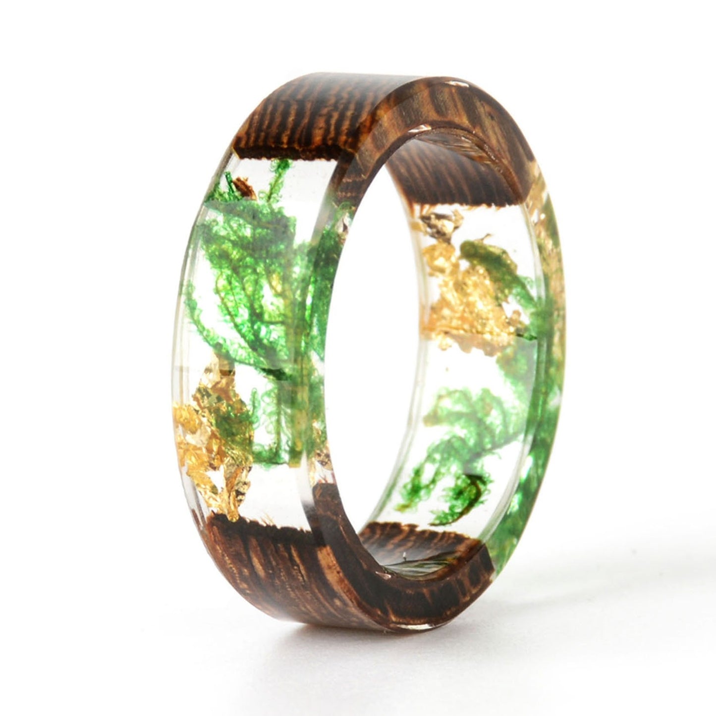 Womens Handmade Flower Resin Wood Ring Inside Gold And Silver Paper Unique Romantic Wedding Party Gift Jewelry