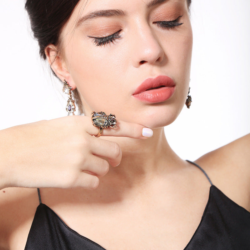 Vintage European And American Style Ladybug Ring Alloy Inlaid Gemstones Jewelry Faceted Artificial Stones Shiny