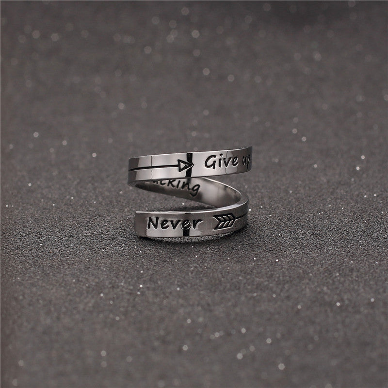 Stainless Steel Double Layer Ring Engraved Never Give Up Motivational Inspirational Band Durable Jewelry Gifts